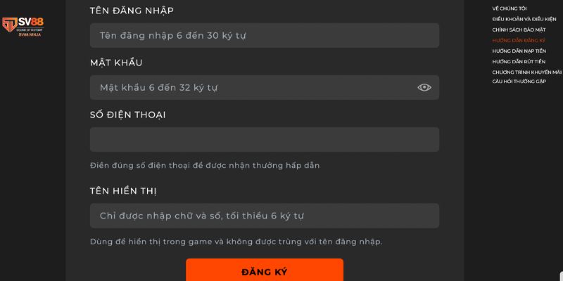 Hướng dẫn đăng ký tài khoản tại SV88