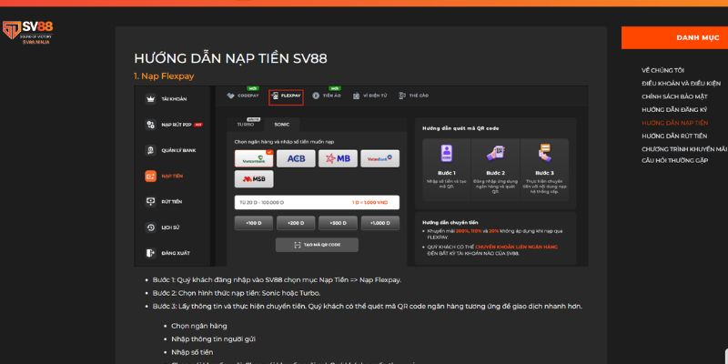 Hướng dẫn nạp và rút tiền tại SV88
